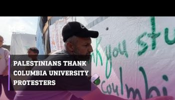 Displaced Palestinians write ‘thank you’ messages on tents for Columbia University protesters